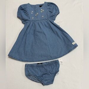 Infant Girl 18M Chambray Blue 2-Pc Set Dress W/ Floral Embroidery & Diaper Cover